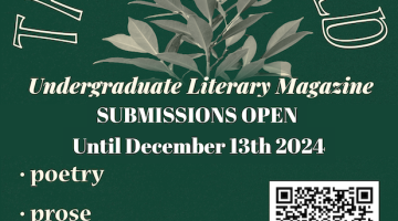 A flyer announcing a call for submissions in multiple genres for the undergraduate literary magazine, The Open Field. A QR code is included.